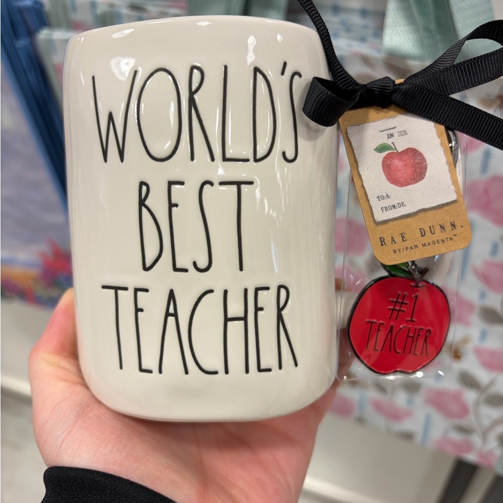 Rae Dunn Cream Ceramic "World's Best Teacher" Mug with #1 teacher key chain